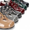 Patent leather little kids English style shoes in autumn colors.