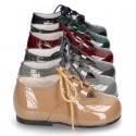 Patent leather little kids English style shoes in autumn colors.