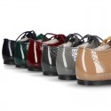 Patent leather little kids English style shoes in autumn colors.