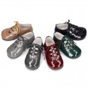 Patent leather little kids English style shoes in autumn colors.