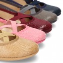 Autumn winter print canvas Ballet flat shoes with crossed ribbons.