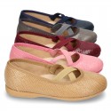 Autumn winter print canvas Ballet flat shoes with crossed ribbons.