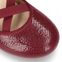 Autumn winter print canvas Ballet flat shoes with crossed ribbons.