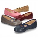 Autumn winter print canvas Ballet flat shoes with crossed ribbons.