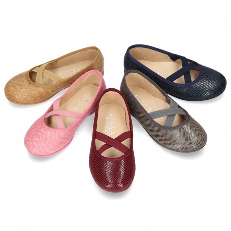 Autumn winter print canvas Ballet flat shoes with crossed ribbons.