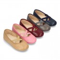 Autumn winter print canvas Ballet flat shoes with crossed ribbons.