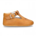 Soft Nappa leather little T-Strap shoes with chopped design for babies.