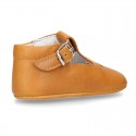 Soft Nappa leather little T-Strap shoes with chopped design for babies.