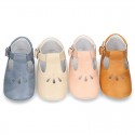 Soft Nappa leather little T-Strap shoes with chopped design for babies.