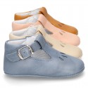 Soft Nappa leather little T-Strap shoes with chopped design for babies.