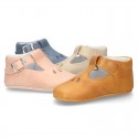 Soft Nappa leather little T-Strap shoes with chopped design for babies.