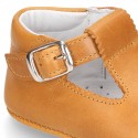 Soft Nappa leather little T-Strap shoes with chopped design for babies.