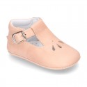 Soft Nappa leather little T-Strap shoes with chopped design for babies.