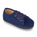 Casual BAMBA type shoes with shoelaces in shiny velvet canvas.