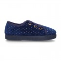 Casual BAMBA type shoes with shoelaces in shiny velvet canvas.