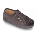 Casual BAMBA type shoes with shoelaces in shiny velvet canvas.