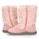 New PINK suede leather boots with FAKE HAIR design.