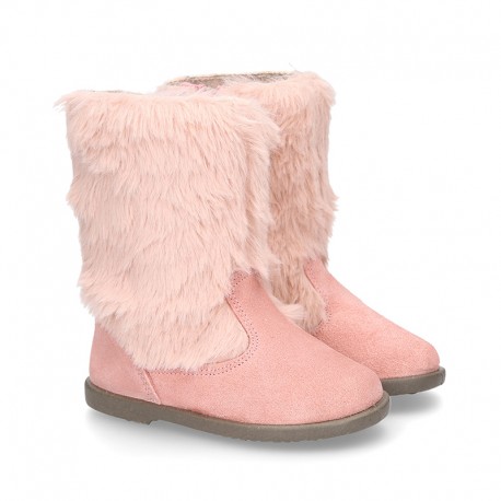 New PINK suede leather boots with FAKE HAIR design.