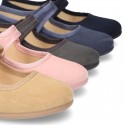 Autumn winter canvas little Mary Jane shoes with velcro strap and button.