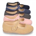 Autumn winter canvas little Mary Jane shoes with velcro strap and button.