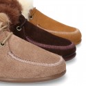Little Ankle boot shoes Wallabee style with FAKE HAIR design in suede leather.