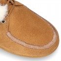 Little Ankle boot shoes Wallabee style with FAKE HAIR design in suede leather.
