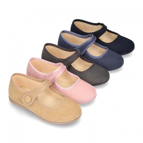 Autumn winter canvas little Mary Jane shoes with velcro strap and button.