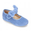 New Velvet canvas little Mary Jane shoes with velcro strap and big bow design.