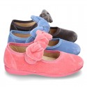 New Velvet canvas little Mary Jane shoes with velcro strap and big bow design.