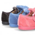 New Velvet canvas little Mary Jane shoes with velcro strap and big bow design.