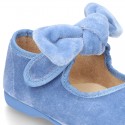 New Velvet canvas little Mary Jane shoes with velcro strap and big bow design.