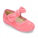 New Velvet canvas little Mary Jane shoes with velcro strap and big bow design.