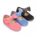 New Velvet canvas little Mary Jane shoes with velcro strap and big bow design.