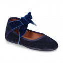 New Stylized Suede leather little Mary Jane shoes with velvet ribbon tied to the ankle.