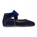 New Stylized Suede leather little Mary Jane shoes with velvet ribbon tied to the ankle.