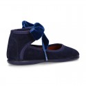 New Stylized Suede leather little Mary Jane shoes with velvet ribbon tied to the ankle.