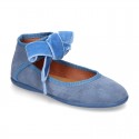 New Stylized Suede leather little Mary Jane shoes with velvet ribbon tied to the ankle.