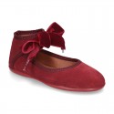 New Stylized Suede leather little Mary Jane shoes with velvet ribbon tied to the ankle.