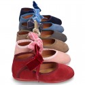 New Stylized Suede leather little Mary Jane shoes with velvet ribbon tied to the ankle.