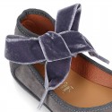 New Stylized Suede leather little Mary Jane shoes with velvet ribbon tied to the ankle.