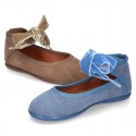 New Stylized Suede leather little Mary Jane shoes with velvet ribbon tied to the ankle.