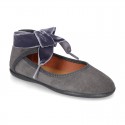 New Stylized Suede leather little Mary Jane shoes with velvet ribbon tied to the ankle.