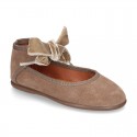 New Stylized Suede leather little Mary Jane shoes with velvet ribbon tied to the ankle.