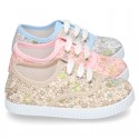 Cotton canvas Bamba type shoes with shoelaces and FLOWERS print design.