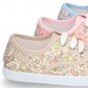 Cotton canvas Bamba type shoes with shoelaces and FLOWERS print design.