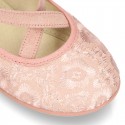 Cotton canvas Little Mary Janes with crossed bands and embroidered flowers.