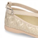 Cotton canvas Little Mary Janes with crossed bands and embroidered flowers.