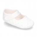 Cotton canvas little Mary Jane shoes for babies with multi dots print design.