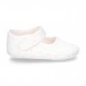 Cotton canvas little Mary Jane shoes for babies with multi dots print design.