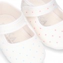 Cotton canvas little Mary Jane shoes for babies with multi dots print design.